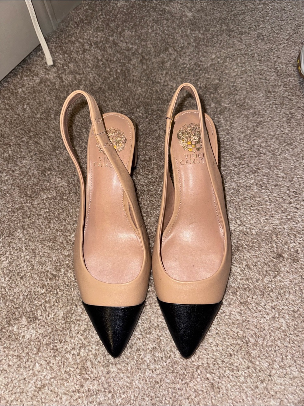 Vince Camuto Two-Tone Beige and Black Pointed Slingbacks